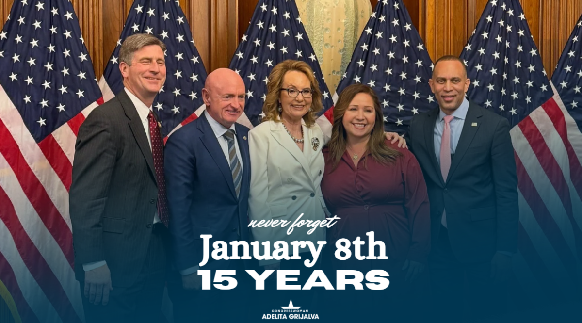 Representative Grijalva with Representative Stanton, Senator Mark Kelly, Former Representative Gabby Giffords, and House Speaker Jeffries